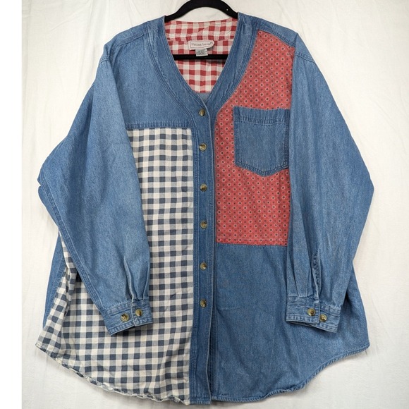 Fitting Image Patchwork Denim Top 18/20 Button Up Vintage Unique Long Sleeve - Picture 1 of 8